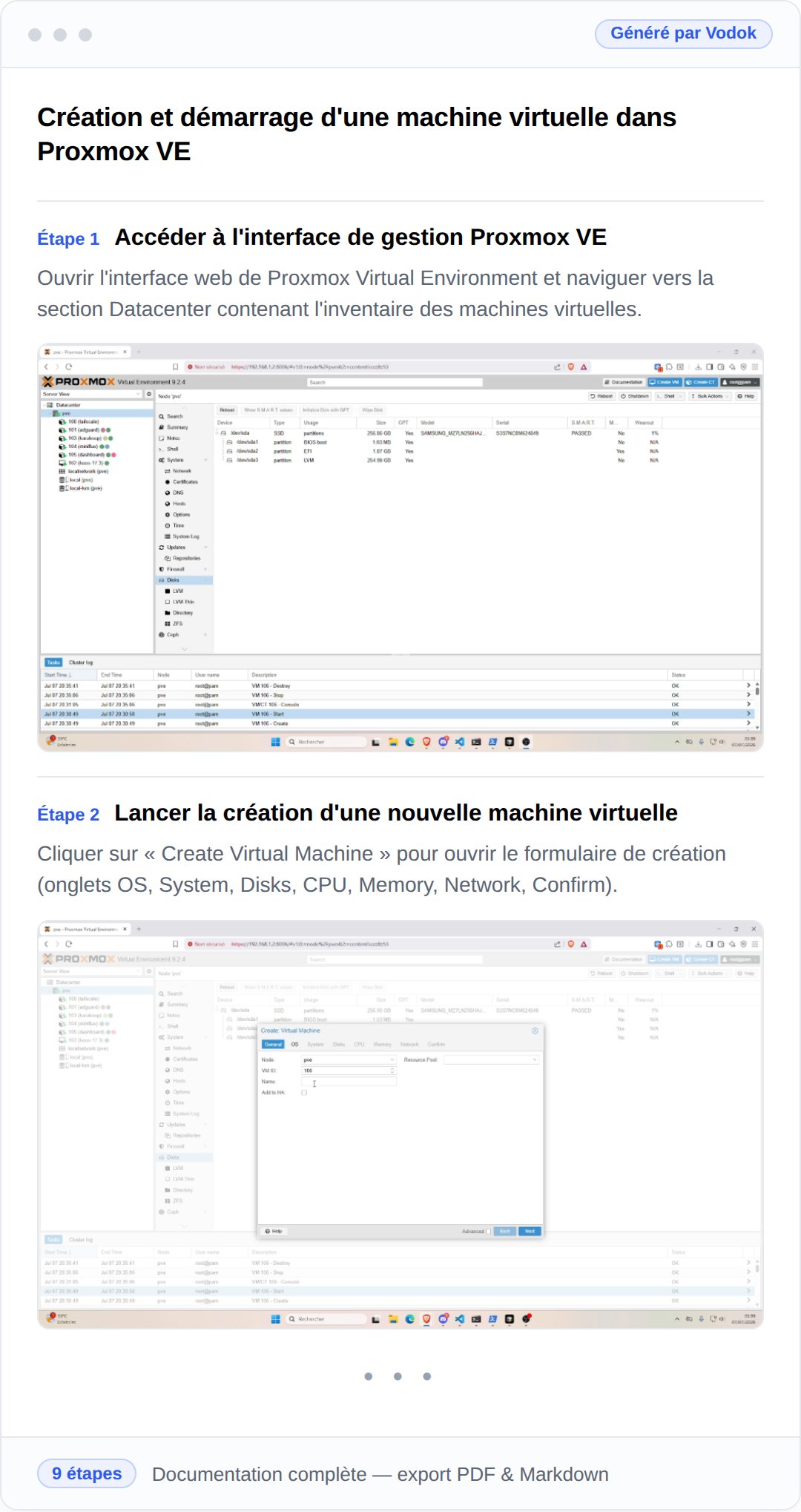 Exemple de documentation générée par Vodok — création d'une VM Proxmox